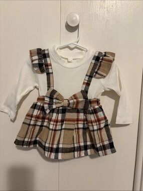 Toddler Plaid Suspender Skirt with White Long-Sleeve Top